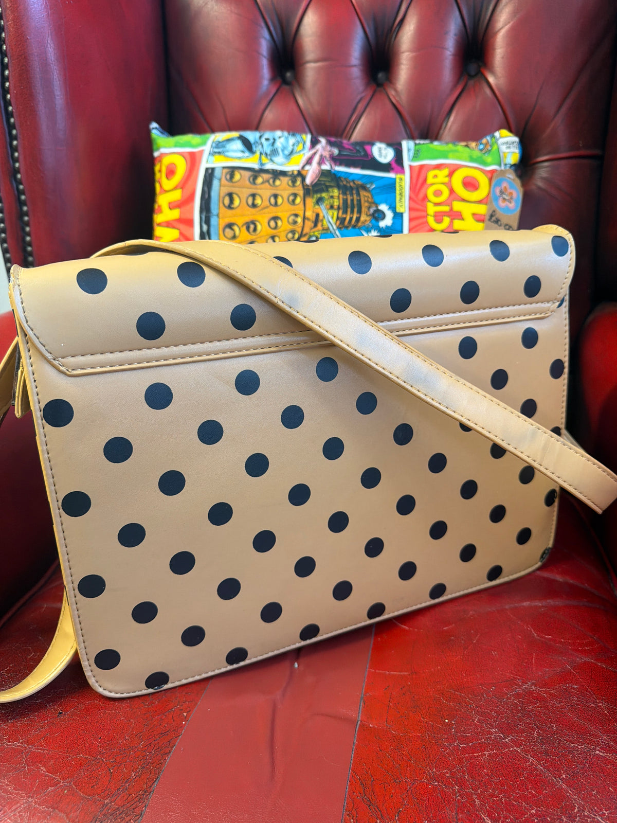 Beige Satchel Black Polka Dots