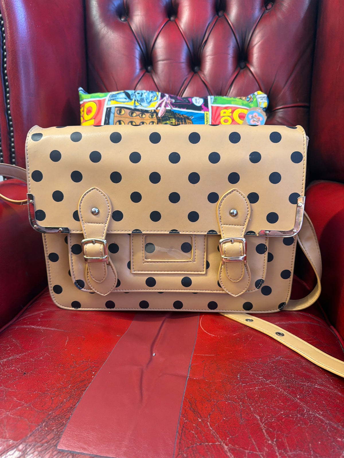 Beige Satchel Black Polka Dots